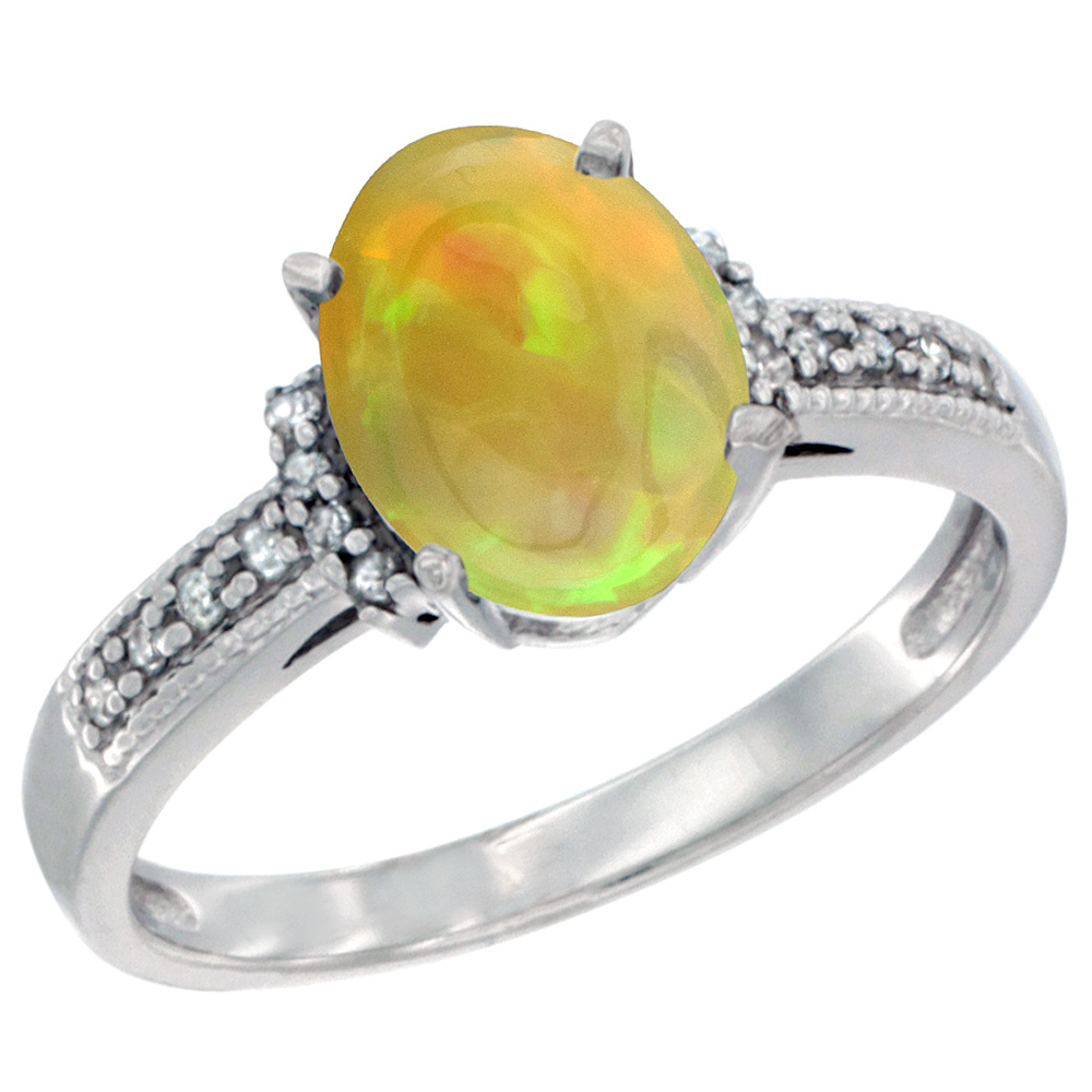 10K White Gold Diamond Natural Ethiopian Opal Engagement Ring Oval 9x7 mm, size 5 - 10