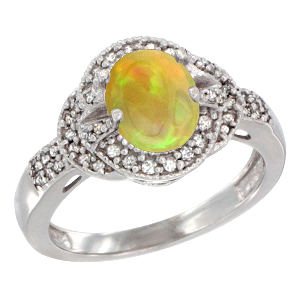 14K White Gold Diamond Natural Ethiopian Opal Engagement Ring Oval 8x6 mm, size 5 - 10