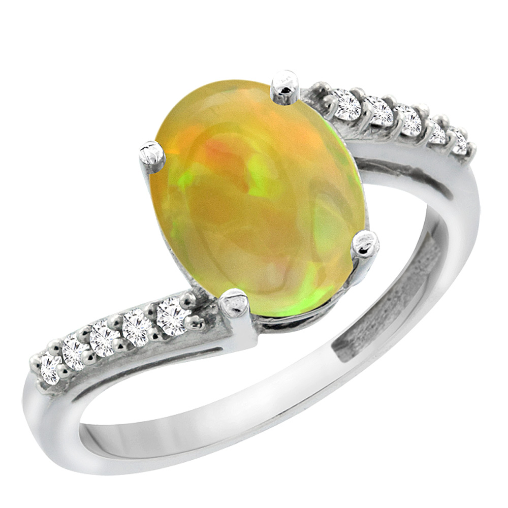 14K White Gold Diamond Natural Ethiopian Opal Engagement Ring Oval 10x8mm, size 5-10