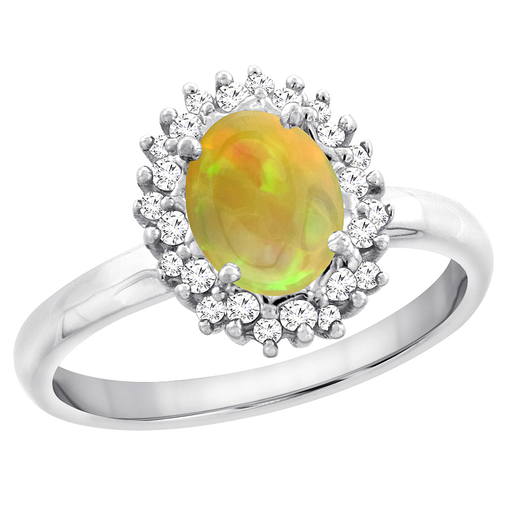 14K White Gold Diamond Natural Ethiopian Opal Engagement Ring Oval 7x5mm, size 5 - 10