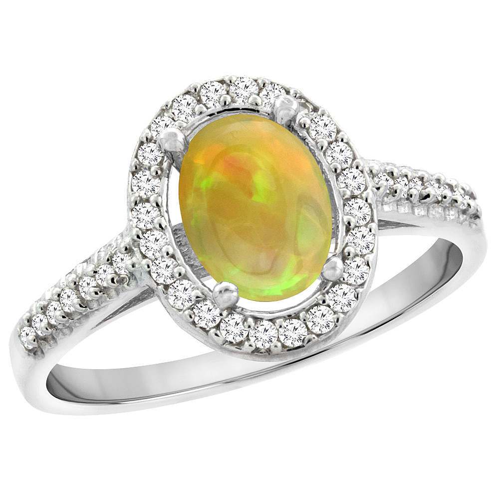 10K White Gold Diamond Halo Natural Ethiopian Opal Engagement Ring Oval 7x5 mm, size 5 - 10