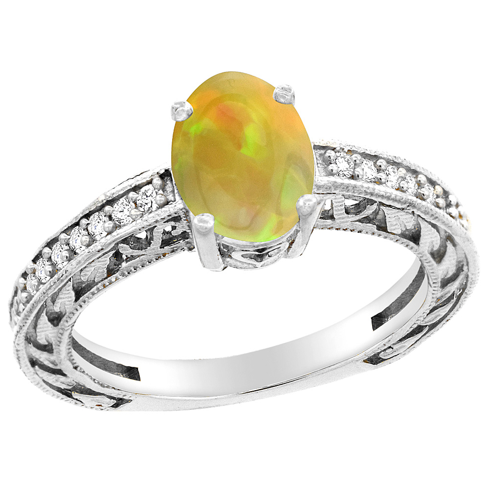 14K Gold Diamond Natural Ethiopian Opal Engagement Ring Oval 8x6 mm, size 5 - 10