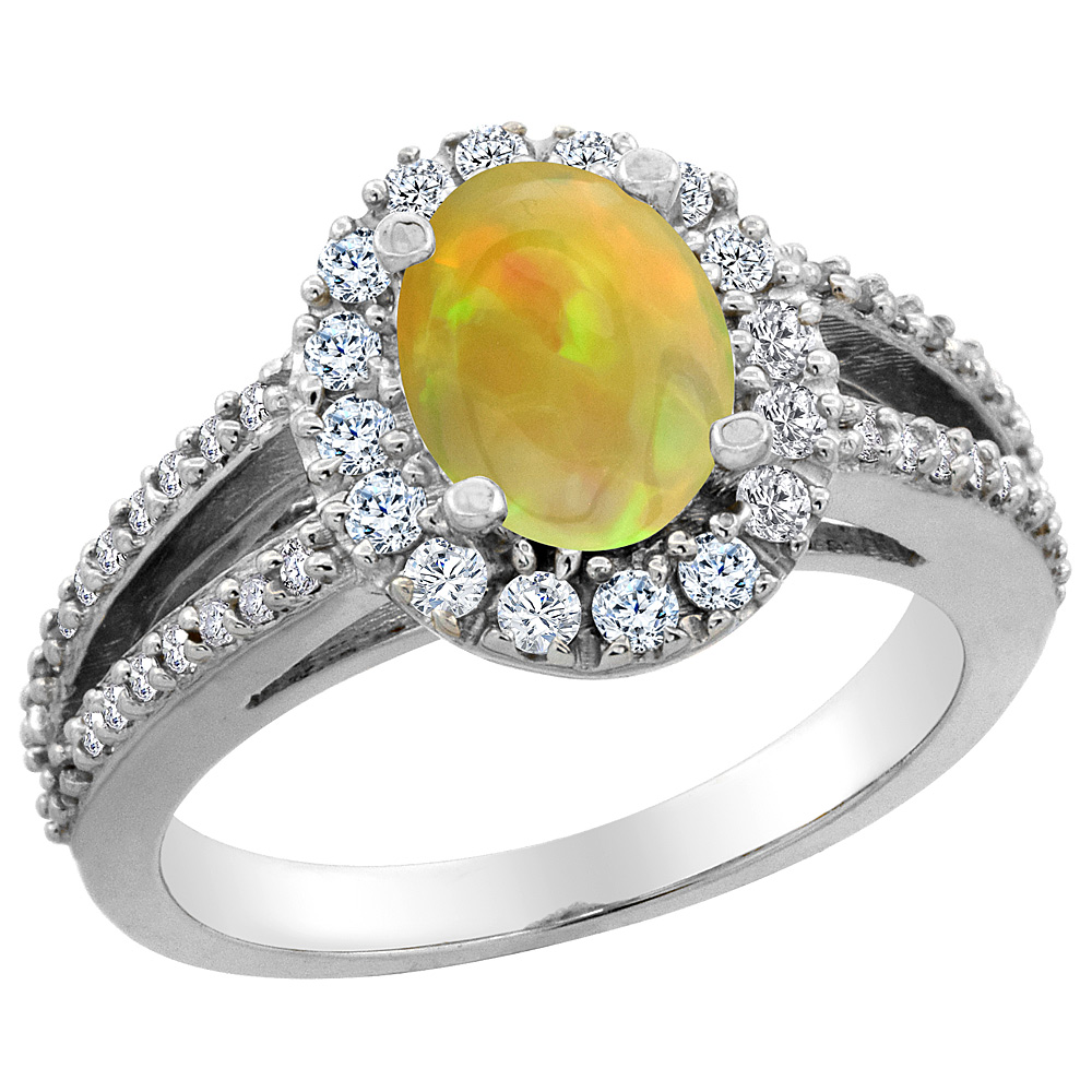 10K White Gold Diamond Halo Natural Ethiopian Opal Engagement Ring Oval 8x6 mm, size 5 - 10