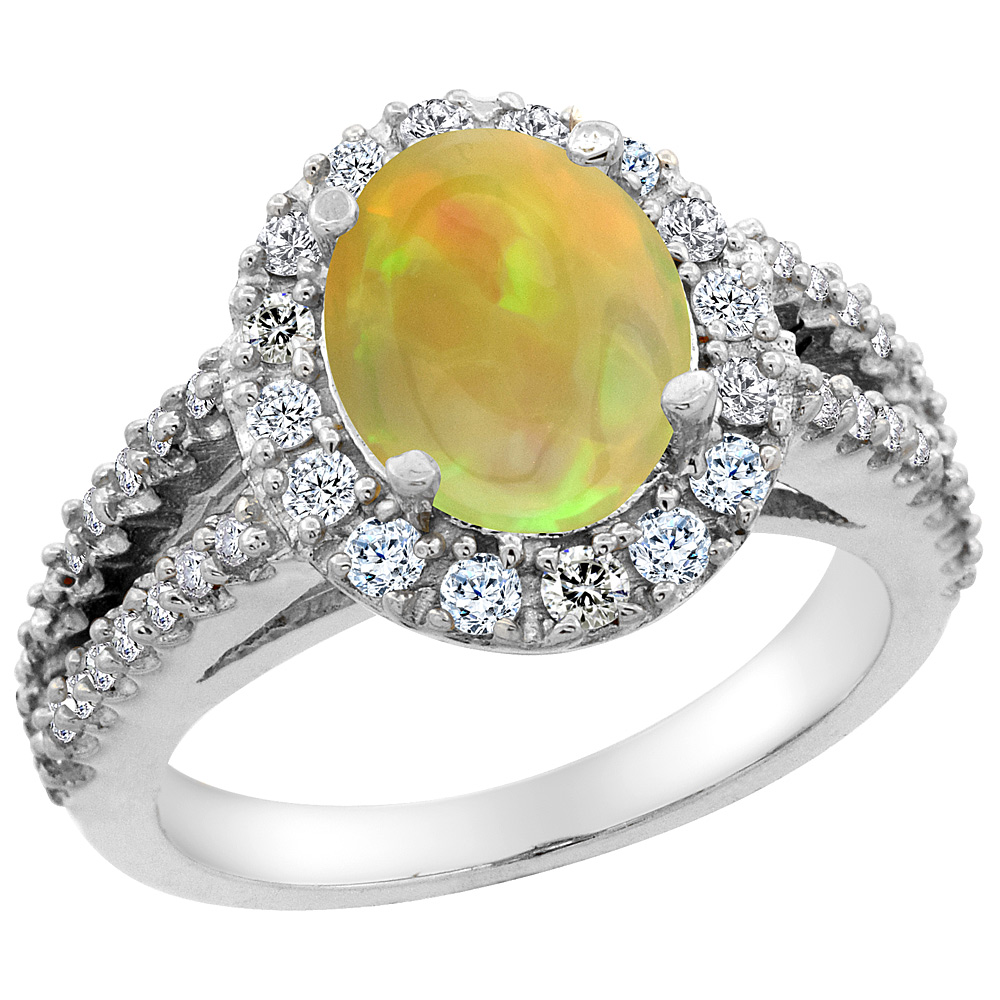 14K White Gold Diamond Natural Ethiopian Opal Engagement Ring Oval 10x8mm, size 5-10