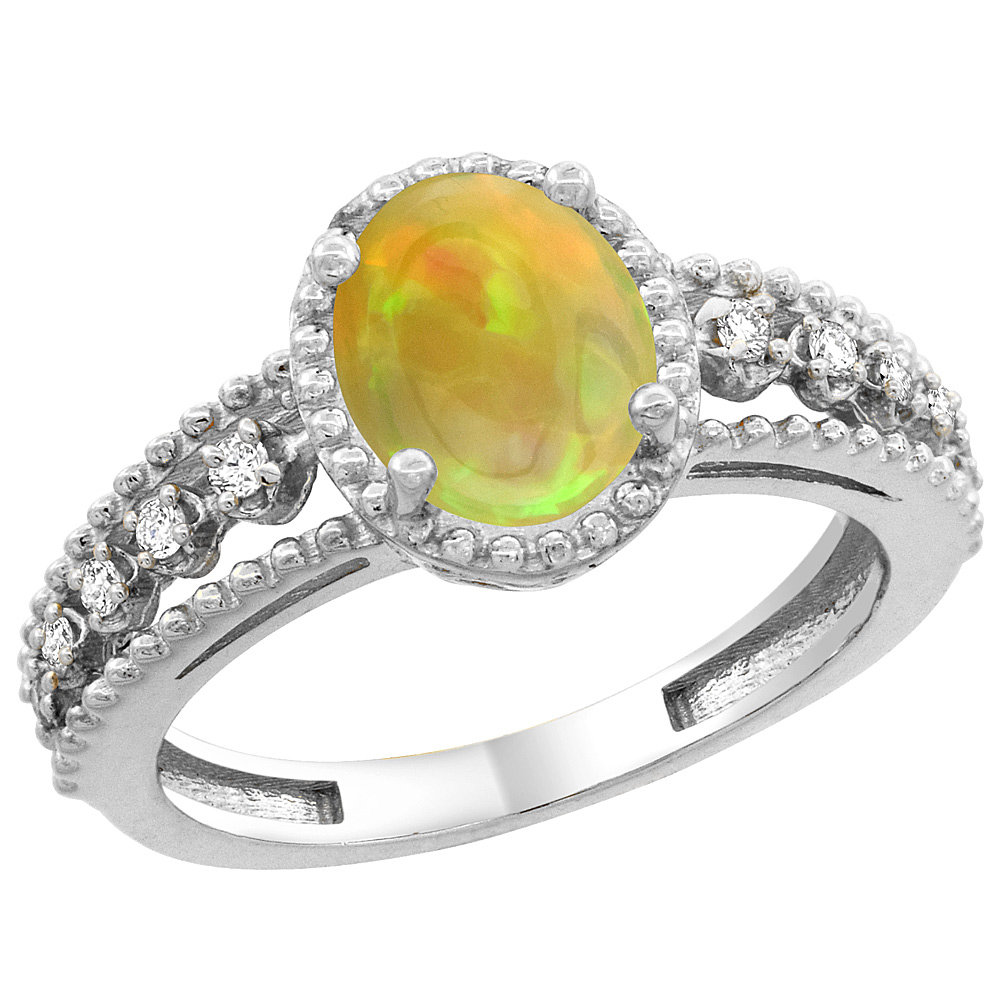 10K White Gold Diamond Natural Ethiopian Opal Engagement Ring Oval 9x7 mm, size 5 - 10