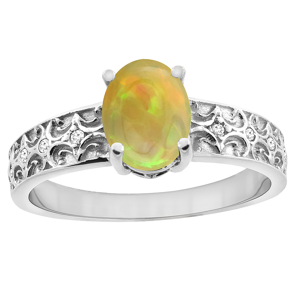 10K Yellow Gold Diamond Natural Ethiopian Opal Engagement Ring Oval 8x6 mm, size 5 - 10