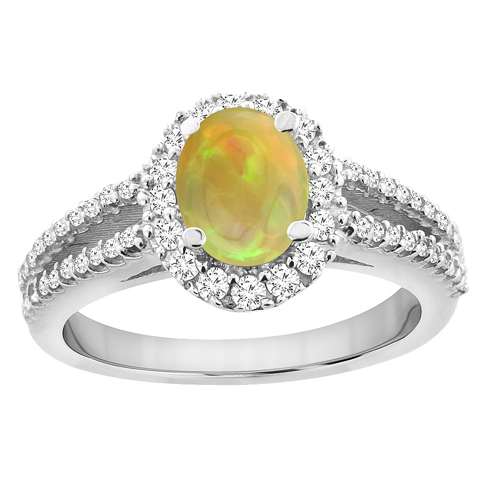 14K Yellow Gold Diamond Halo Natural Ethiopian Opal Engagement Ring Oval 7x5 mm, size 5 - 10