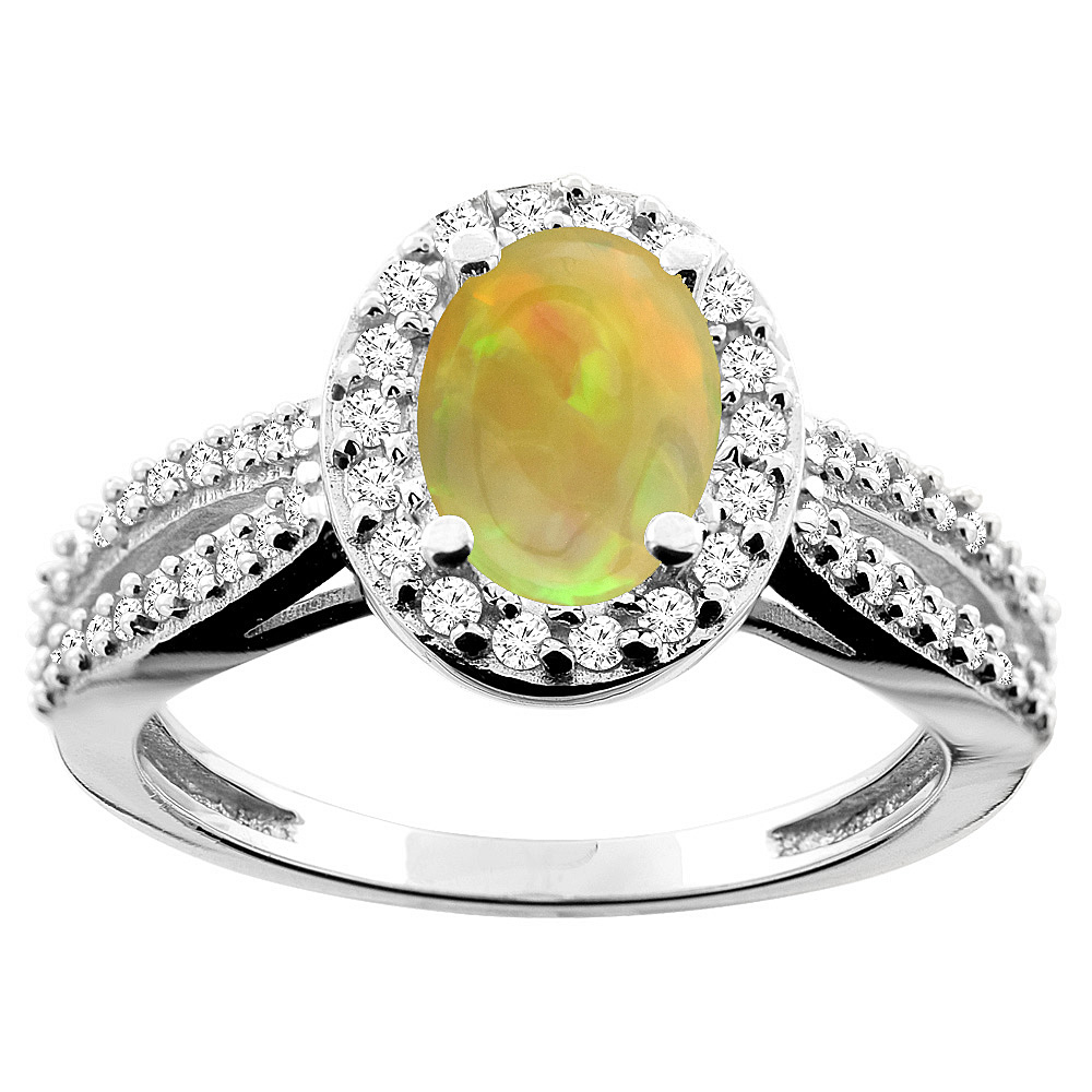 10K White/Yellow Gold Diamond Natural Ethiopian Opal Engagement Ring Oval 8x6mm, size 5 - 10