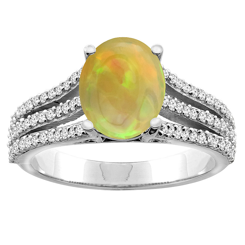 10K White/Yellow Gold Diamond Natural Ethiopian Opal Tri-split Shank Engagement Ring Oval 9x7mm, size5-10