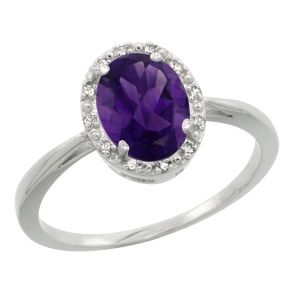 Sterling Silver Natural Amethyst Diamond Halo Ring Oval 8X6mm, 1/2 inch wide, sizes 5-10