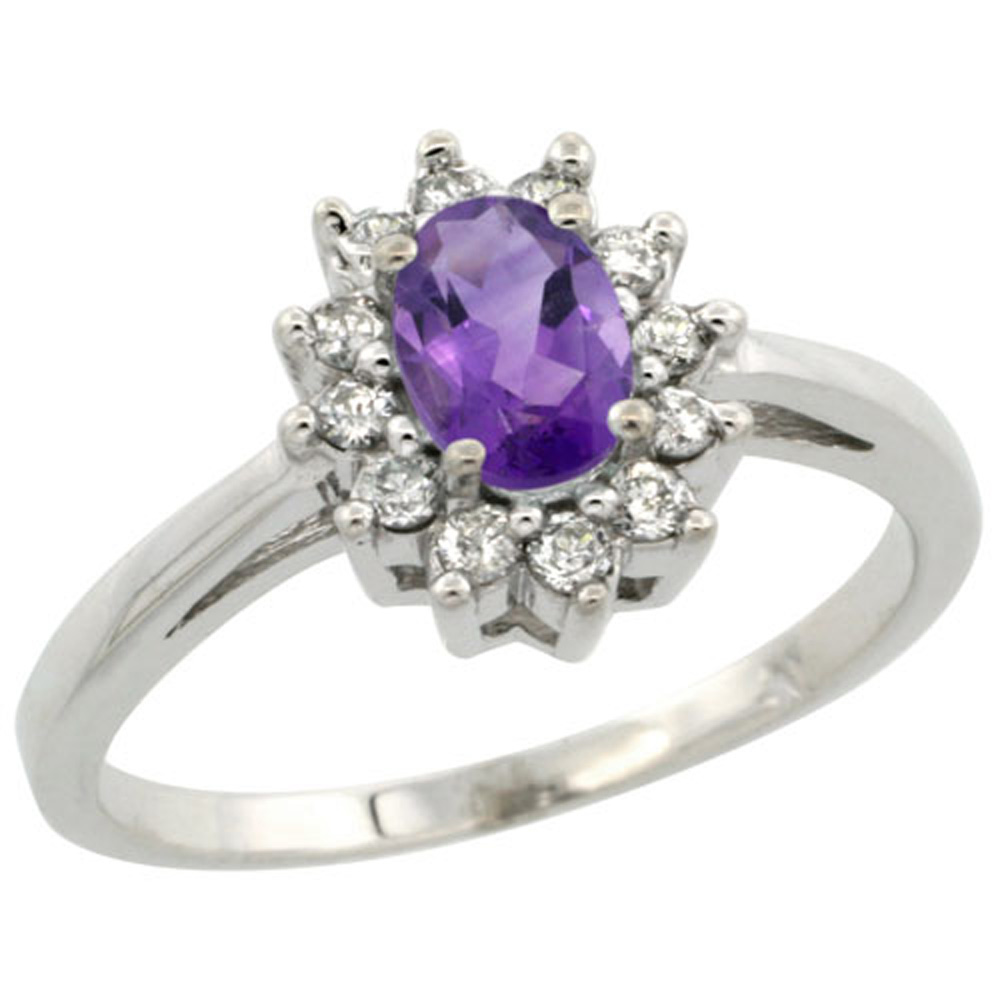 Sterling Silver Natural Amethyst Diamond Flower Halo Ring Oval 6X4mm, 3/8 inch wide, sizes 5-10