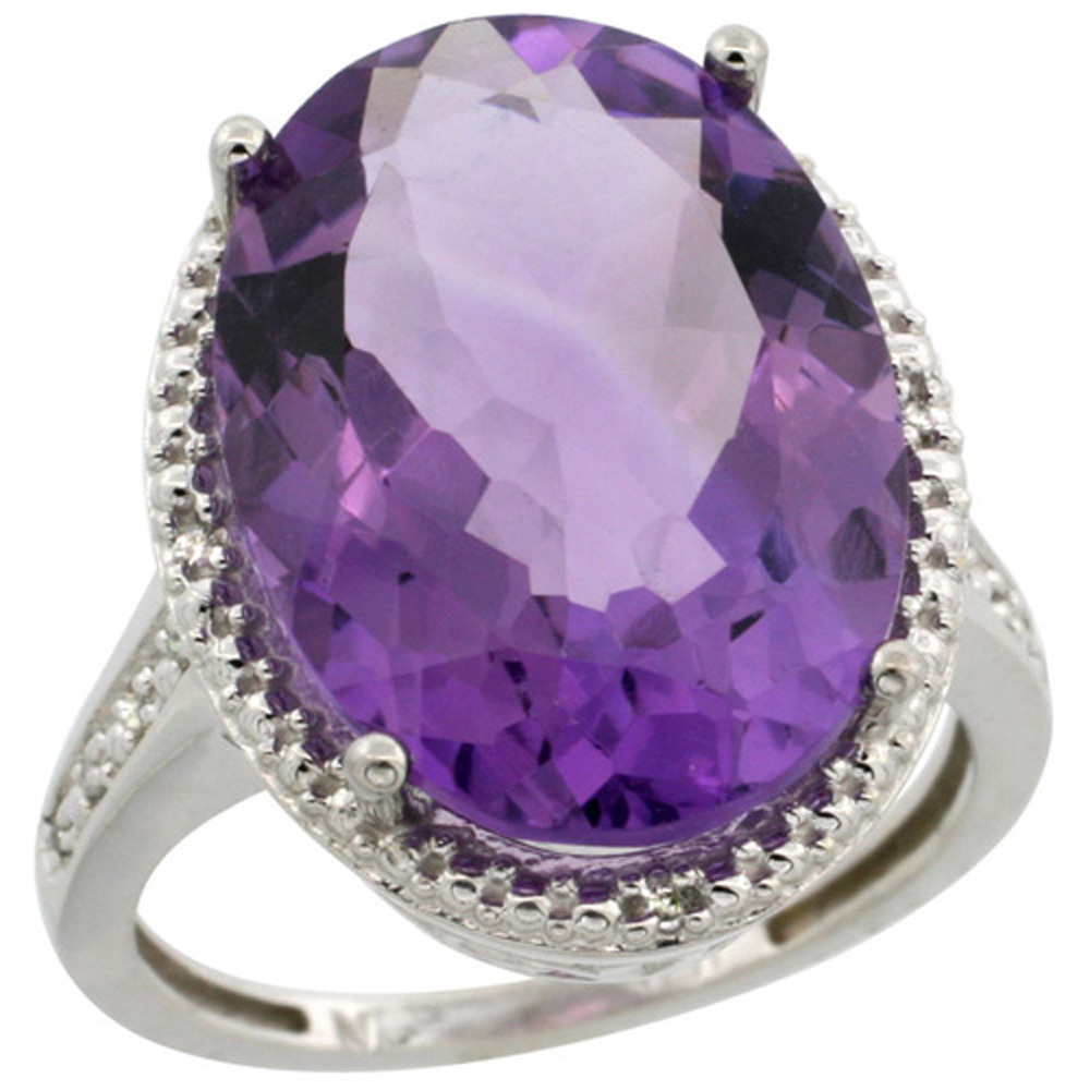 Sterling Silver Diamond Natural Amethyst Ring Oval 18x13mm, 3/4 inch wide, sizes 5-10