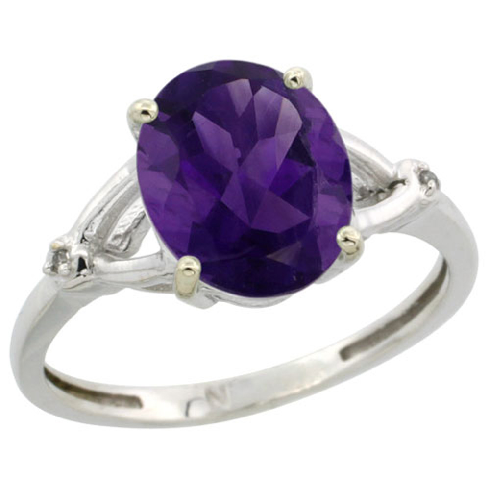 STERLING SILVER SIMPLE LARGE 4 PRONG 10X8MM OVAL AMETHYST ENGAGEMENT RING FOR WOMEN 3/8 INCH WIDE SIZES 6-10
