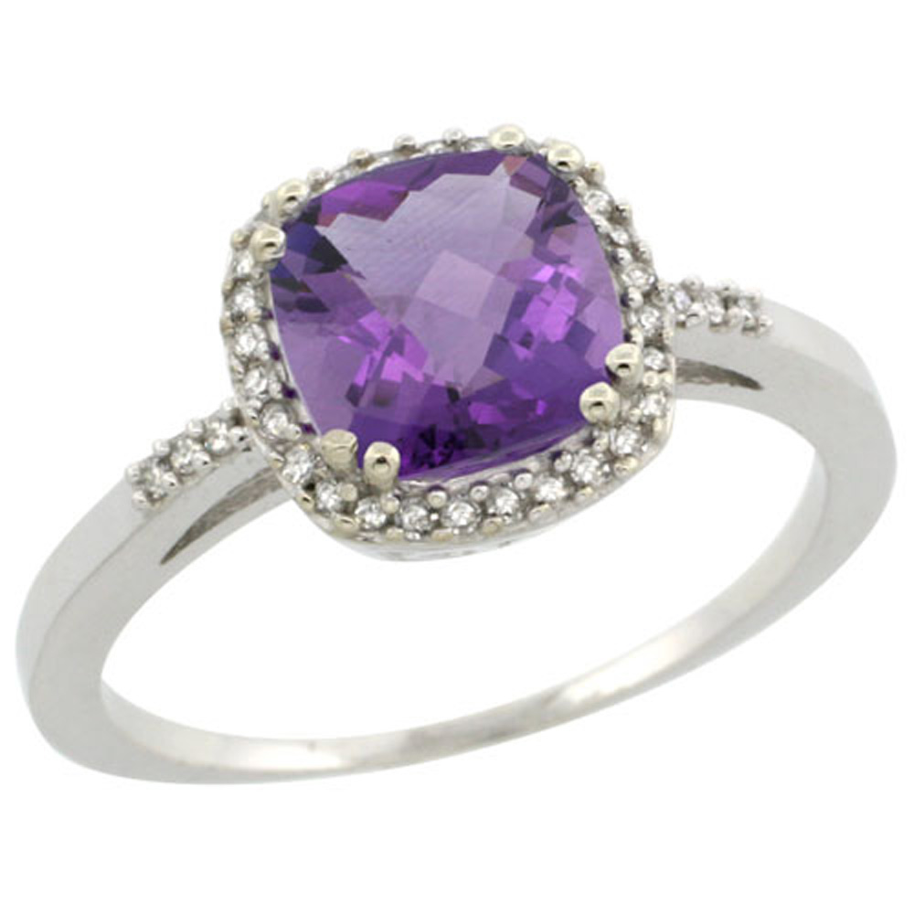 Sterling Silver Diamond Natural Amethyst Ring Cushion-cut 7x7mm, 3/8 inch wide, sizes 5-10