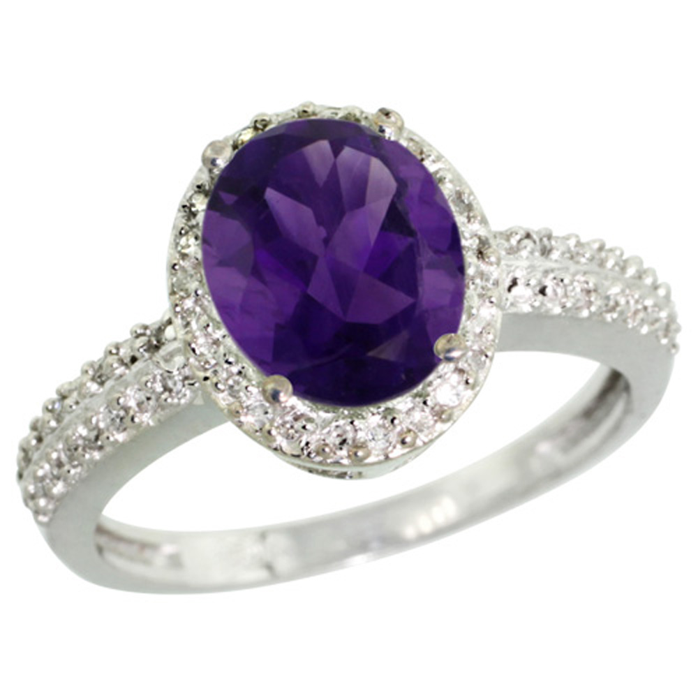 Sterling Silver Diamond Natural Amethyst Ring Oval 9x7mm, 1/2 inch wide, sizes 5-10
