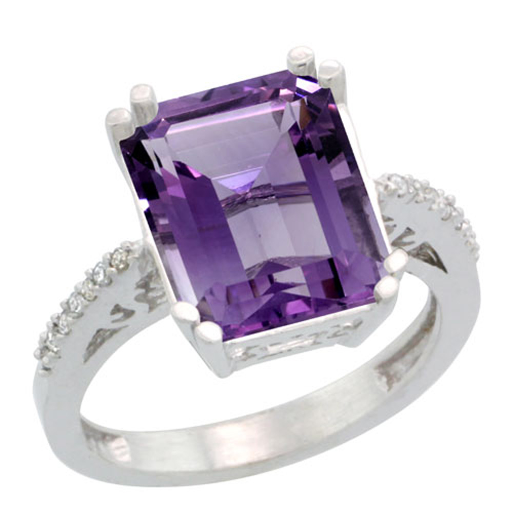 Sterling Silver Diamond Amethyst Ring Emerald-cut 12x10mm, 1/2 inch wide, sizes 5-10