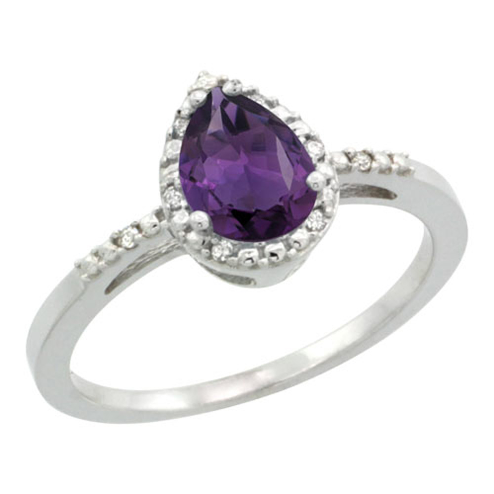 Sterling Silver Diamond Natural Amethyst Ring Pear 7x5mm, 3/8 inch wide, sizes 5-10