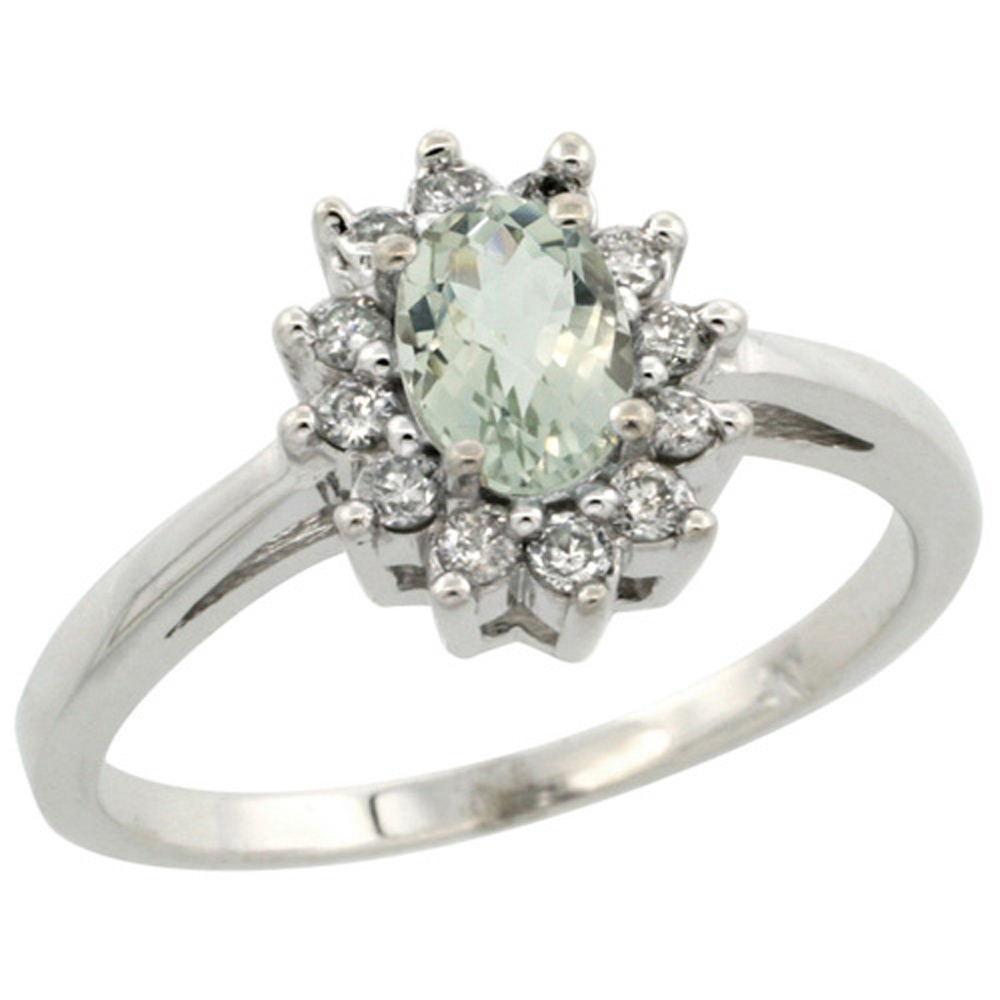 Sterling Silver Natural Green Amethyst Diamond Flower Halo Ring Oval 6X4mm, 3/8 inch wide, sizes 5-10