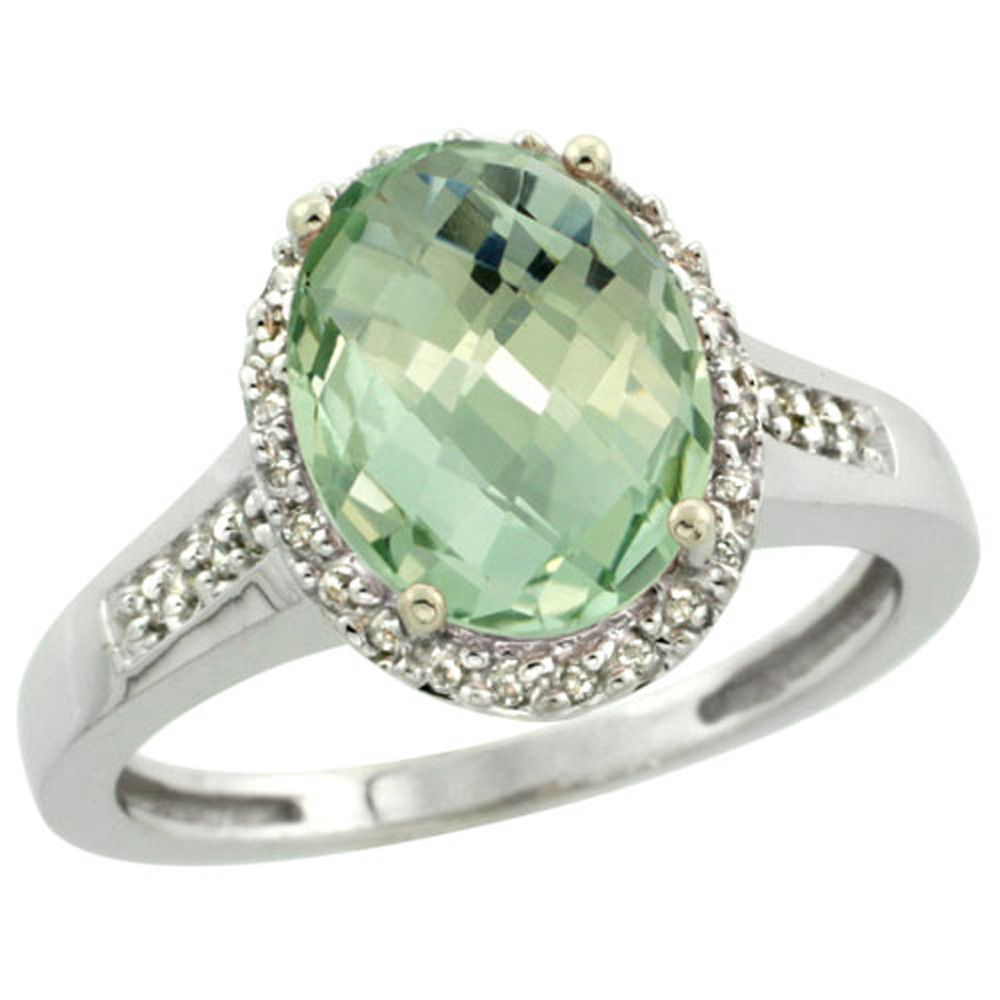Sterling Silver Diamond Natural Green Amethyst Ring Oval 10x8mm, 1/2 inch wide, sizes 5-10