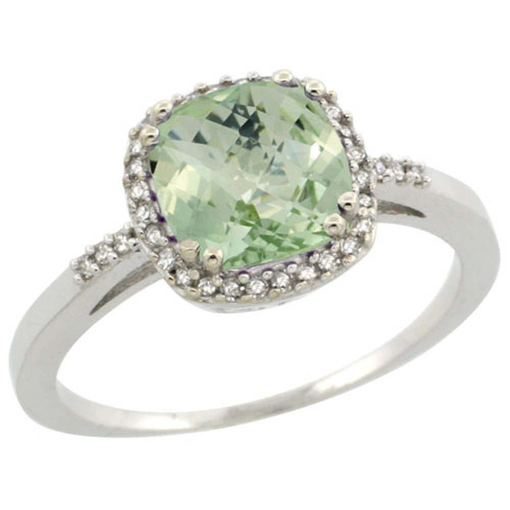 Sterling Silver Diamond Natural Green Amethyst Ring Cushion-cut 7x7mm, 3/8 inch wide, sizes 5-10