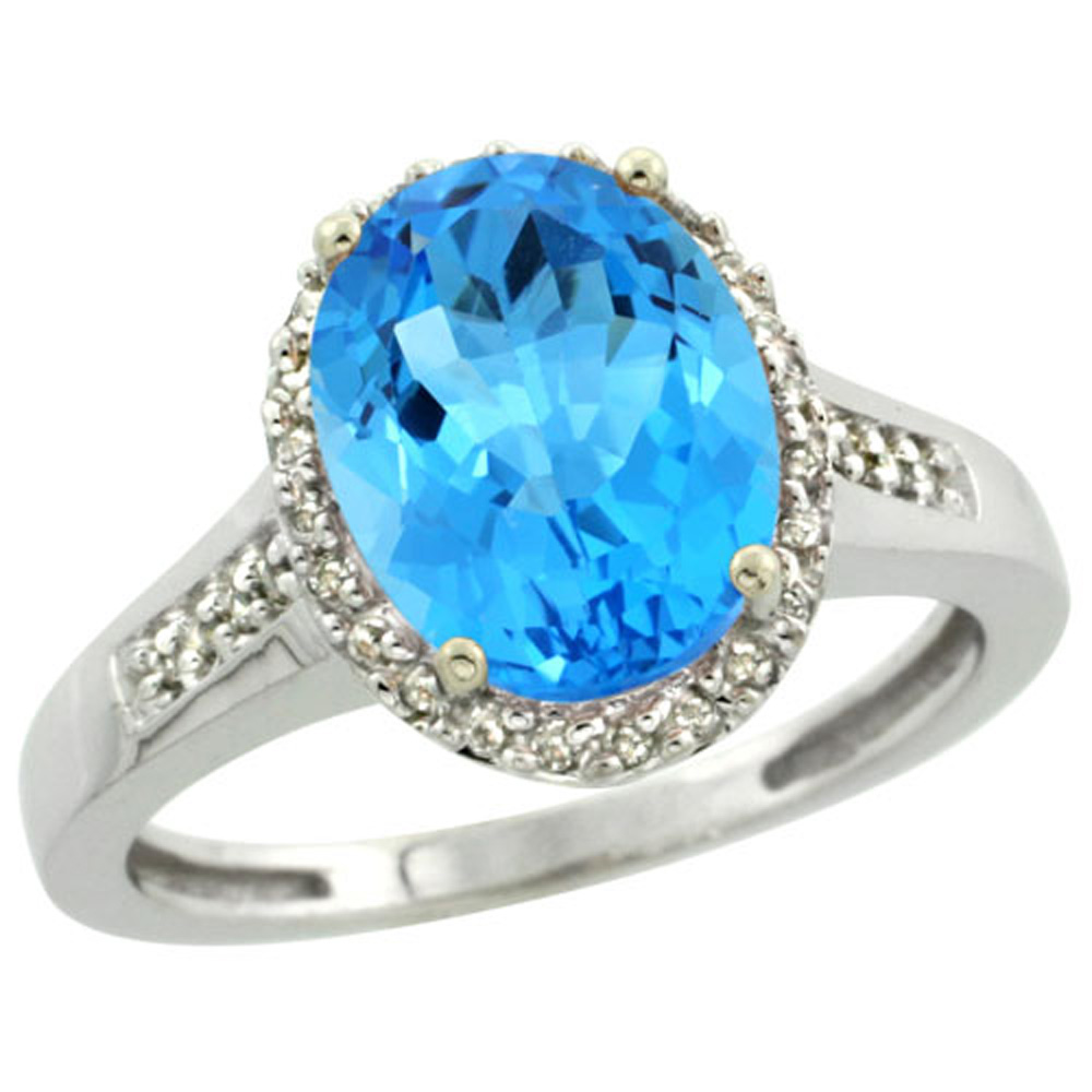 Sterling Silver Diamond Natural Swiss Blue Topaz Ring Oval 10x8mm, 1/2 inch wide, sizes 5-10