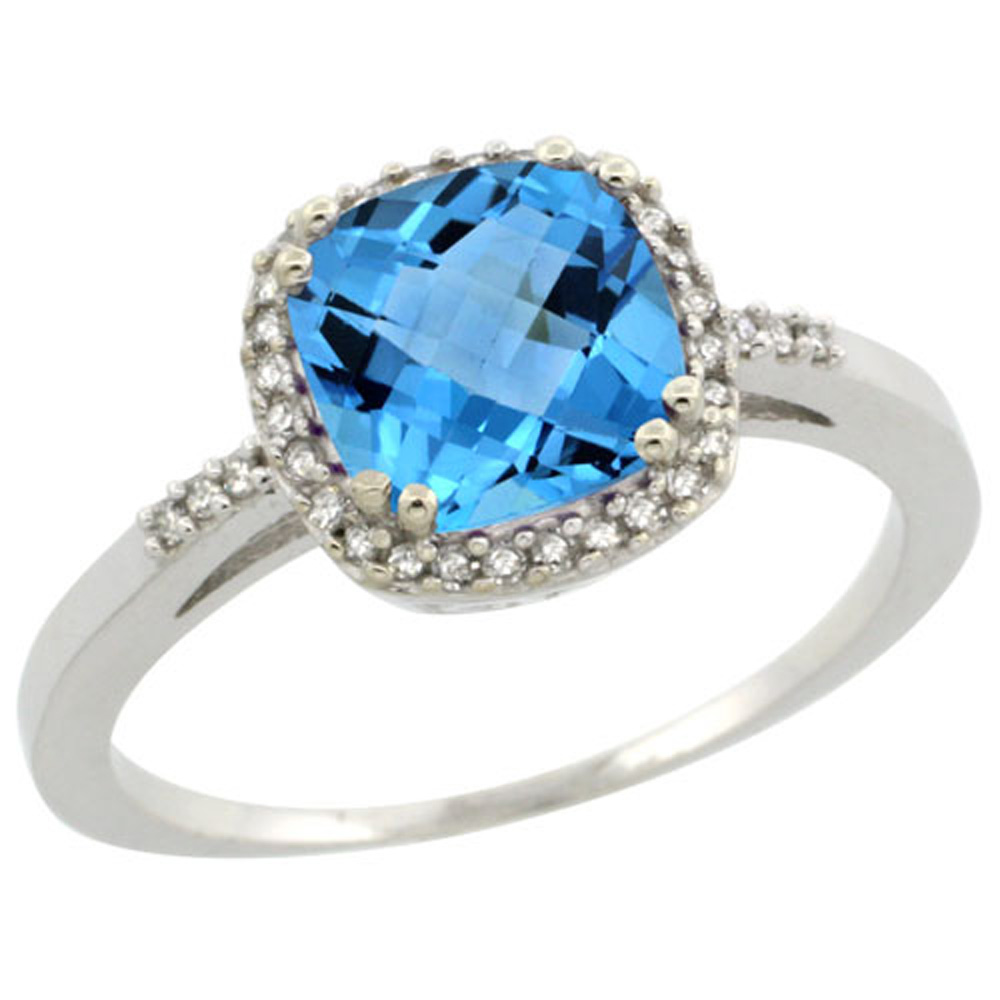 Sterling Silver Diamond Natural Swiss Blue Topaz Ring Cushion-cut 7x7mm, 3/8 inch wide, sizes 5-10