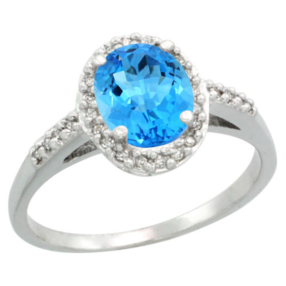 Sterling Silver Diamond Natural Swiss Blue Topaz Ring Oval 8x6mm, 3/8 inch wide, sizes 5-10