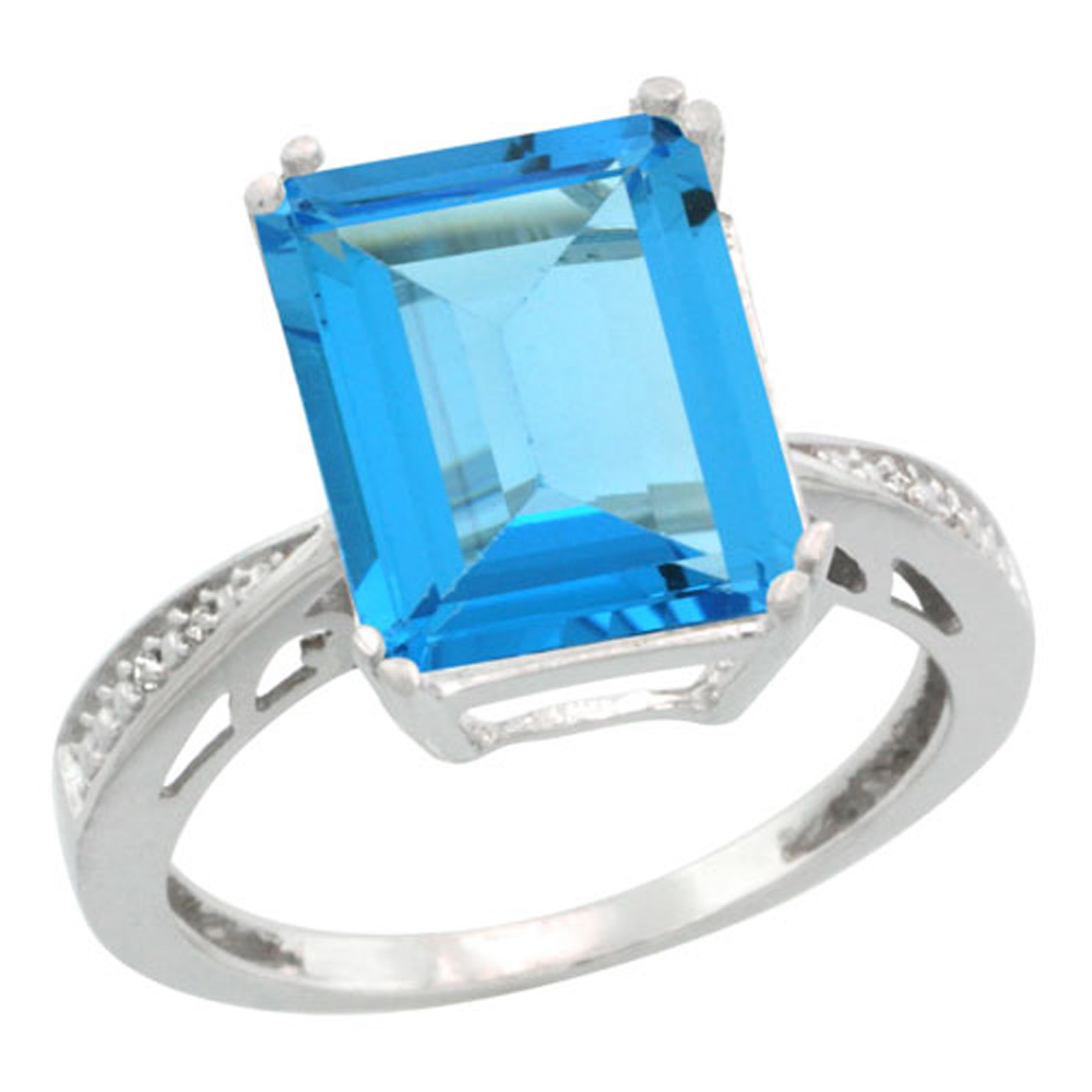 Sterling Silver Diamond Natural Swiss Blue Topaz Ring Emerald-cut 12x10mm, 1/2 inch wide, sizes 5-10