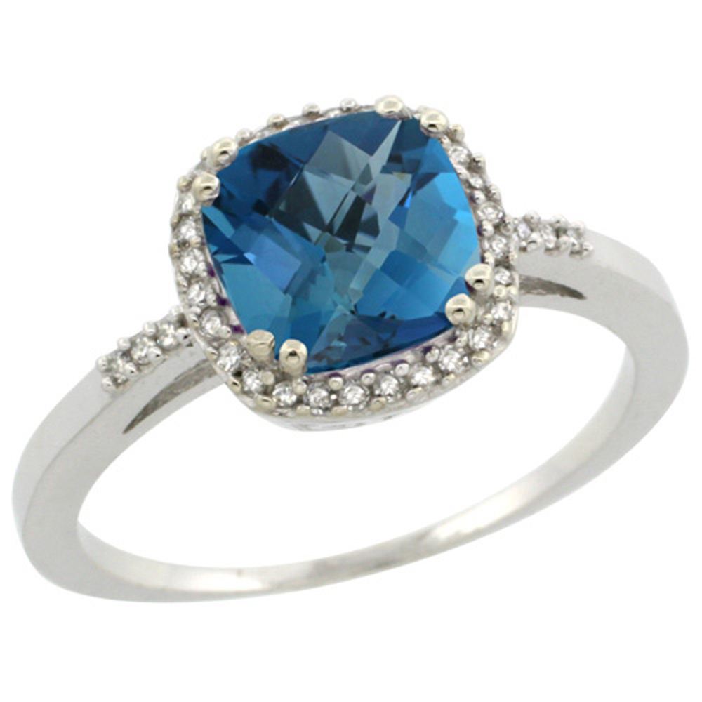 Sterling Silver Diamond Natural London Blue Topaz Ring Cushion-cut 7x7mm, 3/8 inch wide, sizes 5-10