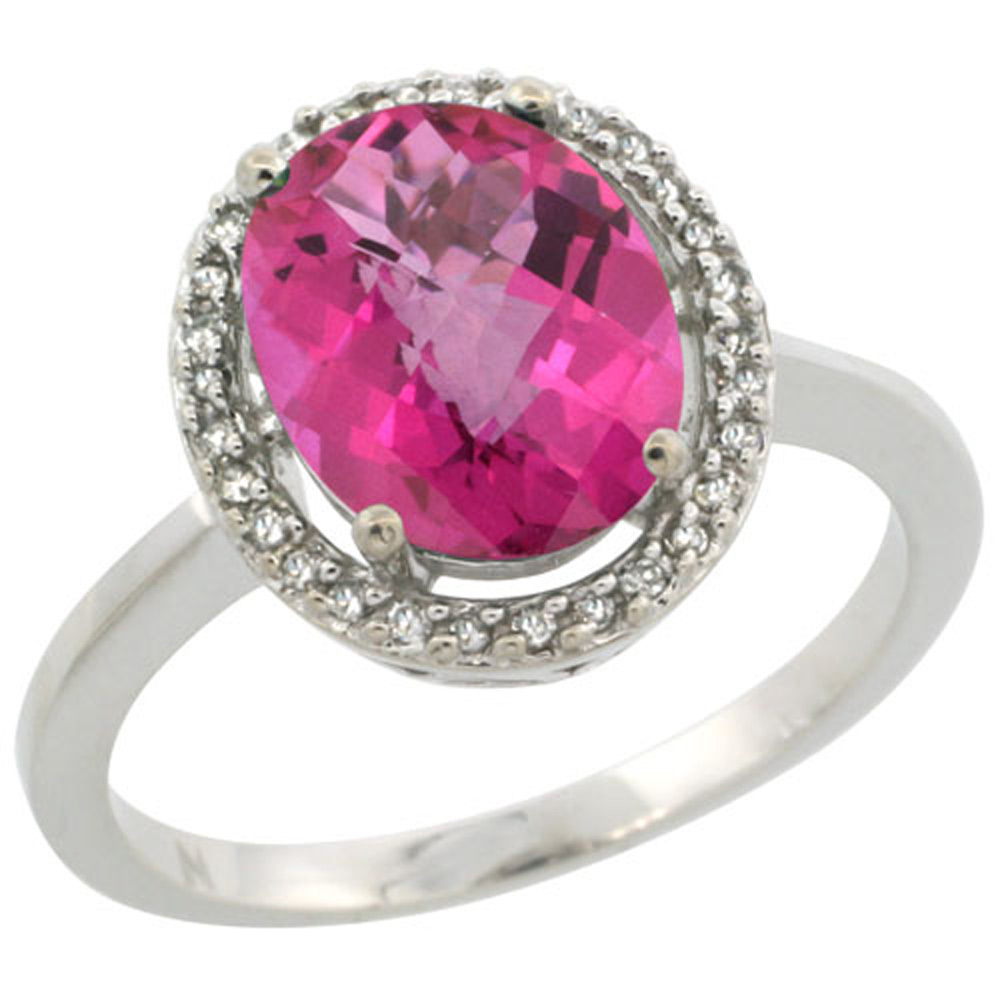 Sterling Silver Diamond Halo Natural Pink Topaz Ring Oval 10X8 mm, 1/2 inch wide, sizes 5-10