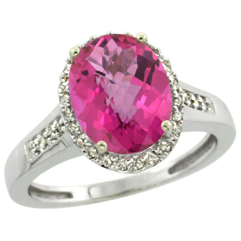 Sterling Silver Diamond Natural Pink Topaz Ring Oval 10x8mm, 1/2 inch wide, sizes 5-10