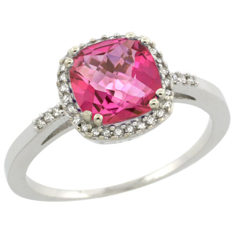 Sterling Silver Diamond Natural Pink Topaz Ring Cushion-cut 7x7mm, 3/8 inch wide, sizes 5-10