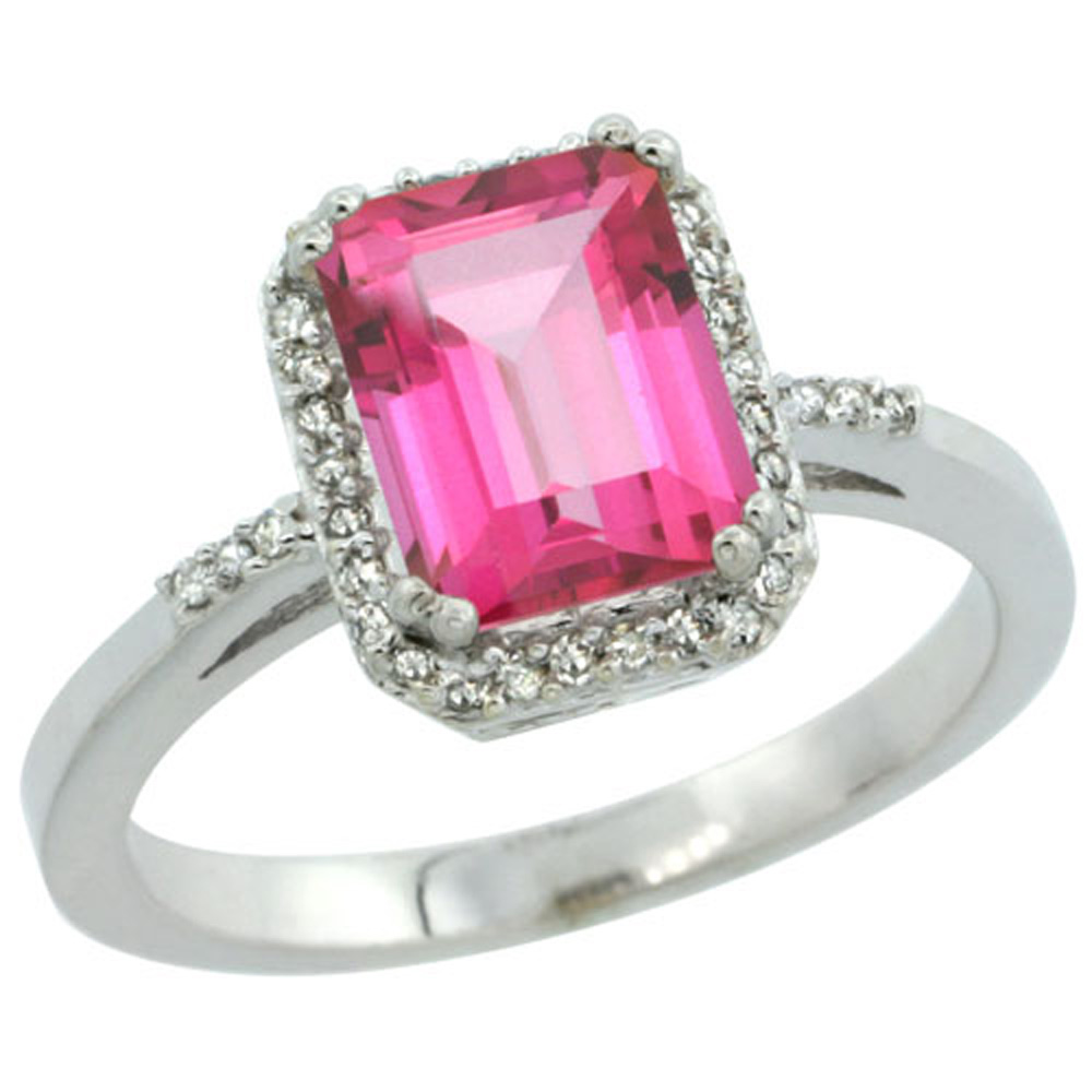 Sterling Silver Diamond Natural Pink Topaz Ring Emerald-cut 8x6mm, 1/2 inch wide, sizes 5-10