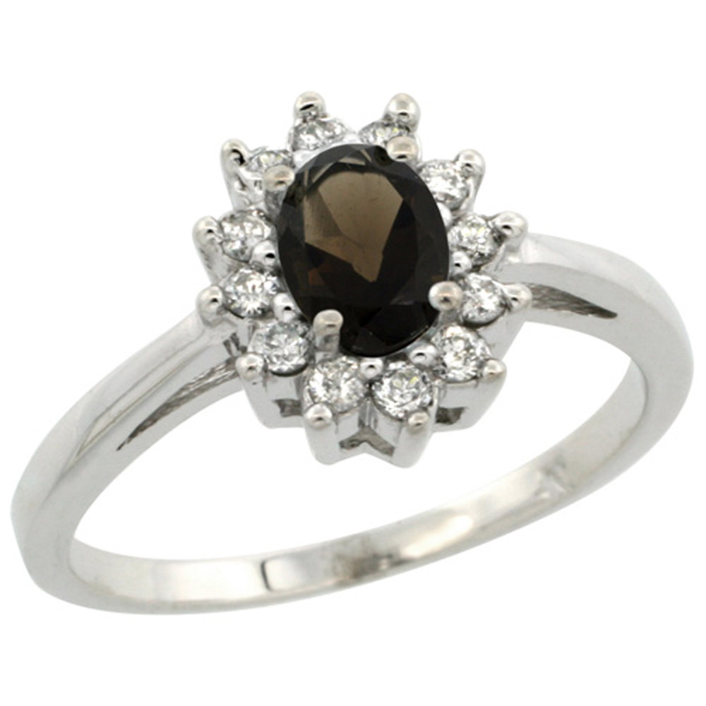 Sterling Silver Natural Smoky Topaz Diamond Flower Halo Ring Oval 6X4mm, 3/8 inch wide, sizes 5 10