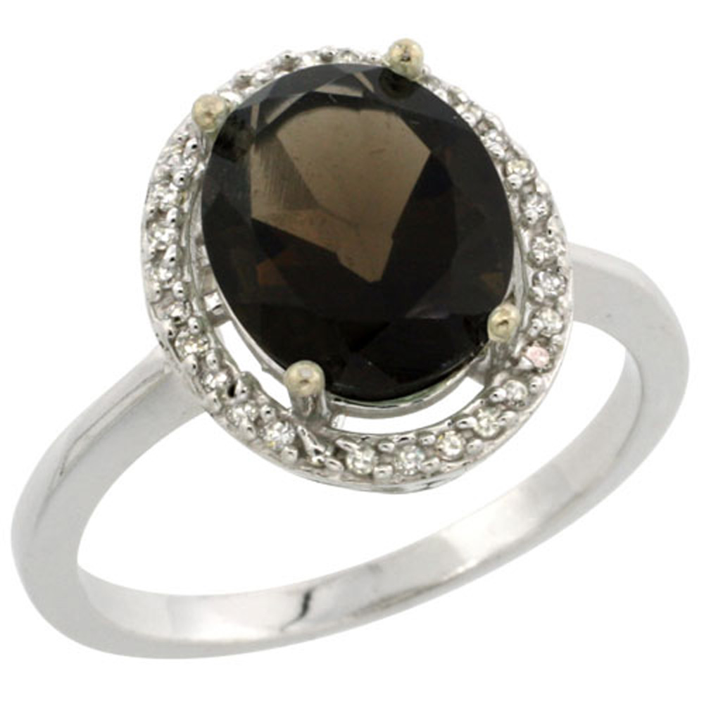 Sterling Silver Diamond Natural Smoky Topaz Ring Oval 10x8mm, 1/2 inch wide, sizes 5-10