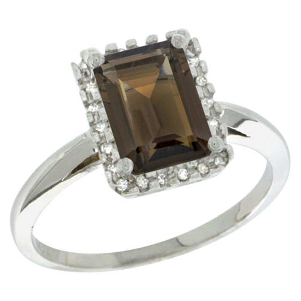 Sterling Silver Diamond Natural Smoky Topaz Ring Emerald-cut 8x6mm, 1/2 inch wide, sizes 5-10