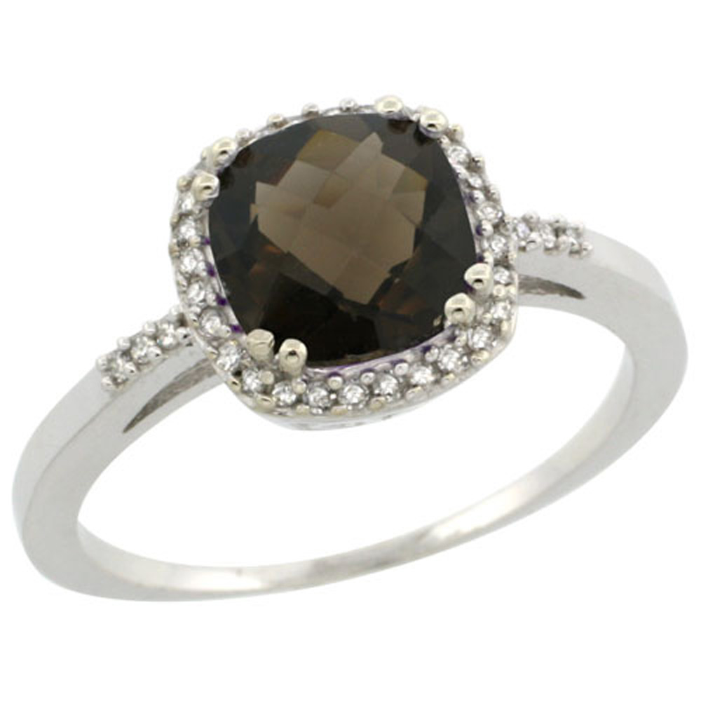 Sterling Silver Diamond Natural Smoky Topaz Ring Cushion-cut 7x7mm, 3/8 inch wide, sizes 5-10