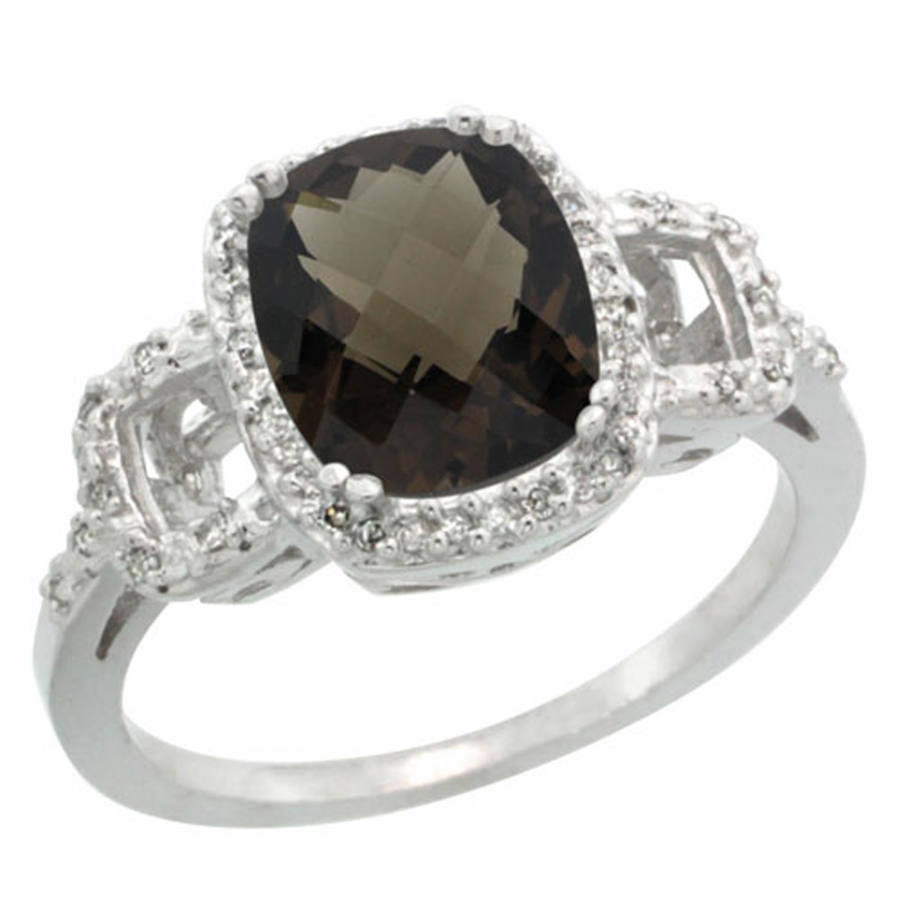 Sterling Silver Diamond Natural Smoky Topaz Ring Cushion-cut 9x7mm, 1/2 inch wide, sizes 5-10