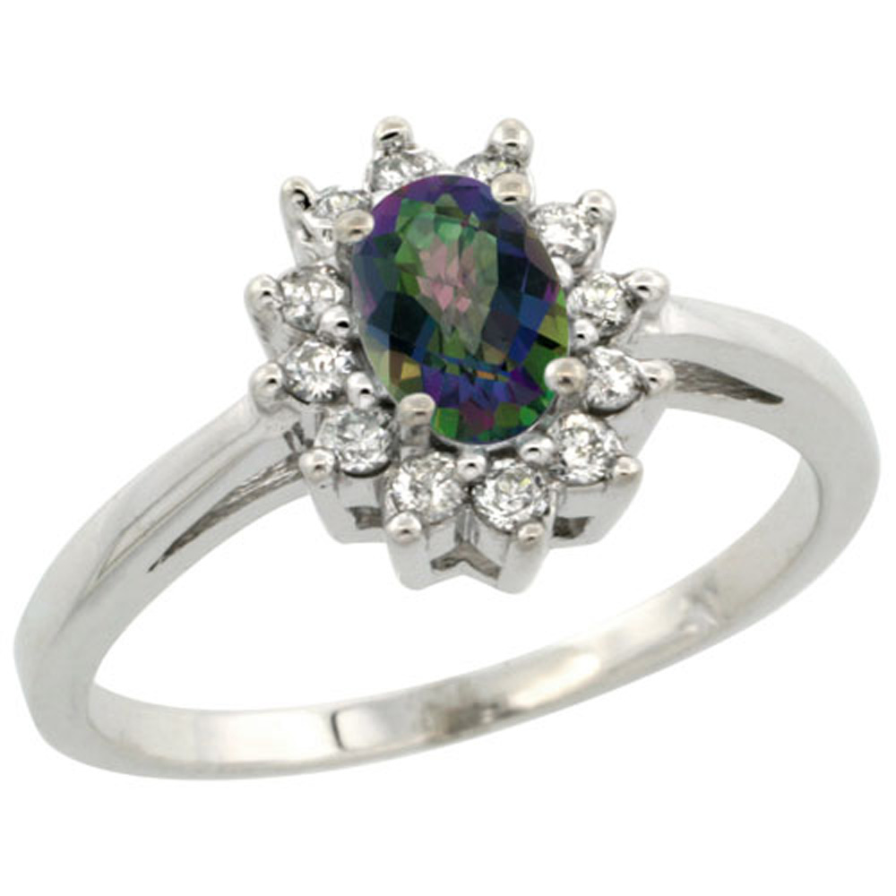 Sterling Silver Mystic Topaz Diamond Flower Halo Ring Oval 6X4mm, 3/8 inch wide, sizes 5-10