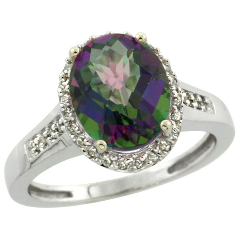 Sterling Silver Diamond Mystic Topaz Ring Oval 10x8mm, 1/2 inch wide, sizes 5-10