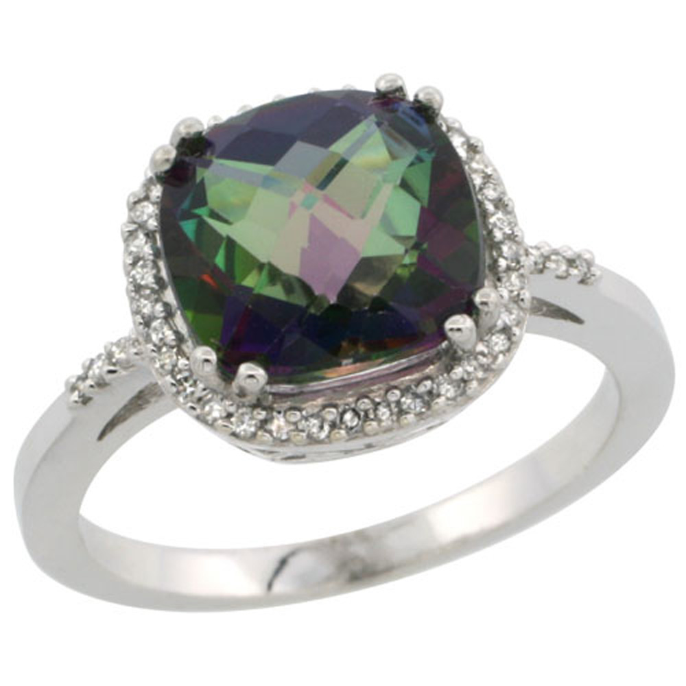 Sterling Silver Diamond Mystic Topaz Ring Cushion-cut 9x9mm, 1/2 inch wide, sizes 5-10
