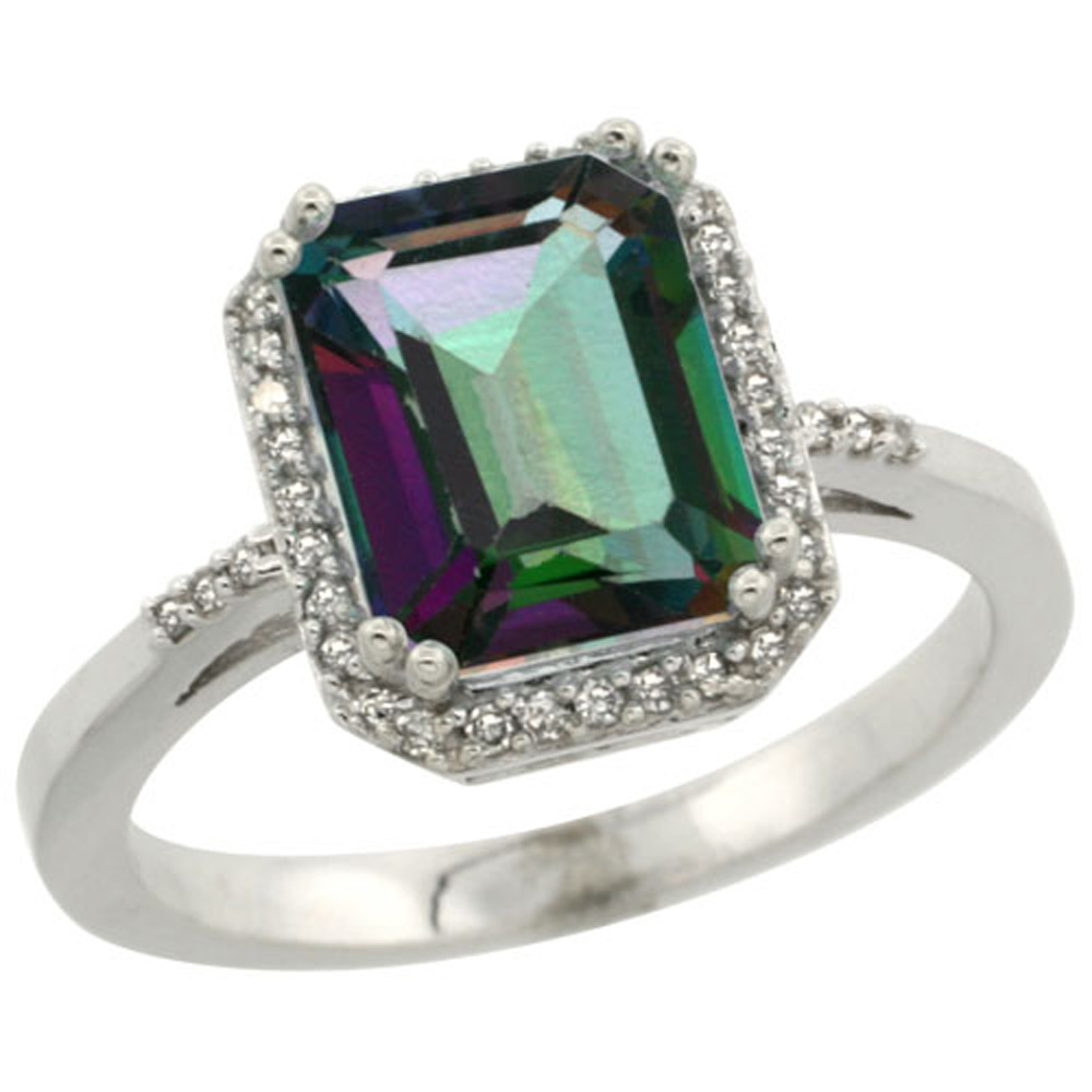 Sterling Silver Diamond Mystic Topaz Ring Emerald-cut 9x7mm, 1/2 inch wide, sizes 5-10