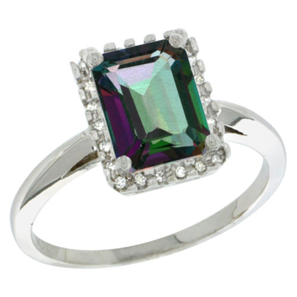 Sterling Silver Diamond Mystic Topaz Ring Emerald-cut 8x6mm, 1/2 inch wide, sizes 5-10