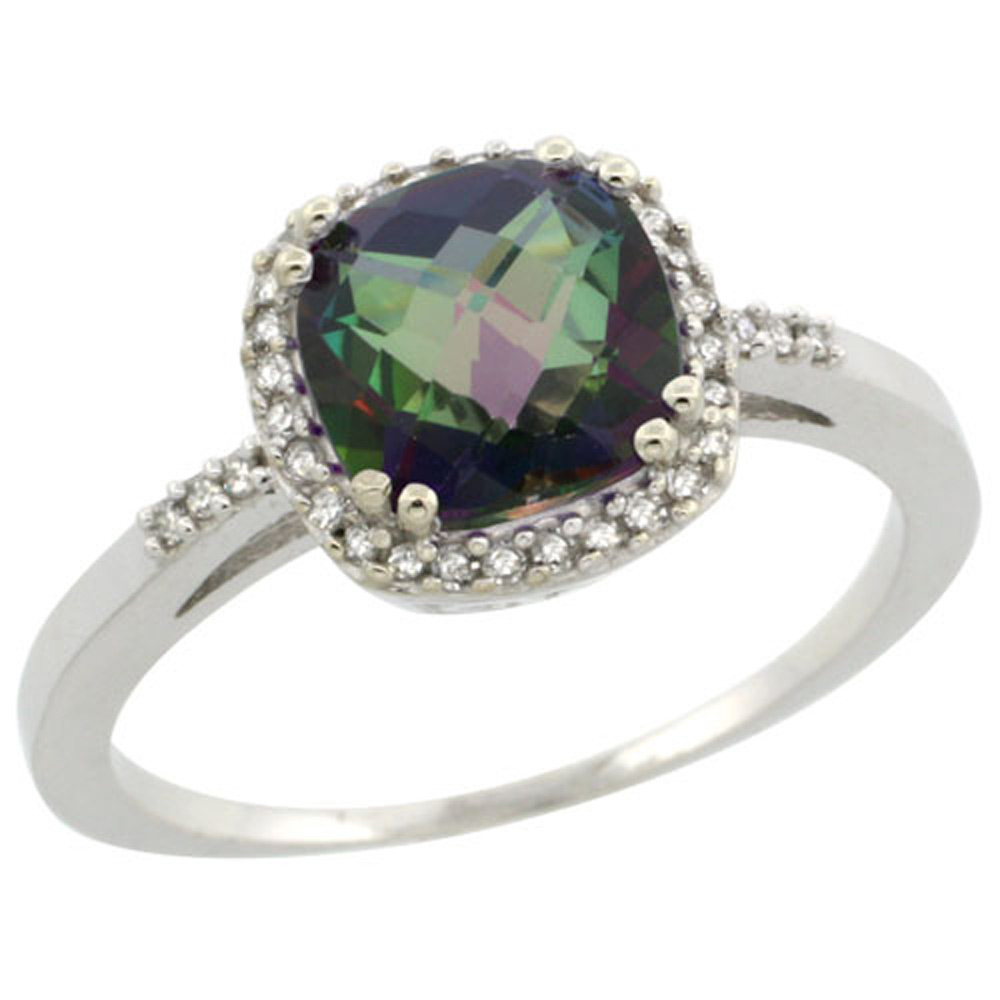 Sterling Silver Diamond Mystic Topaz Ring Cushion-cut 7x7mm, 3/8 inch wide, sizes 5-10