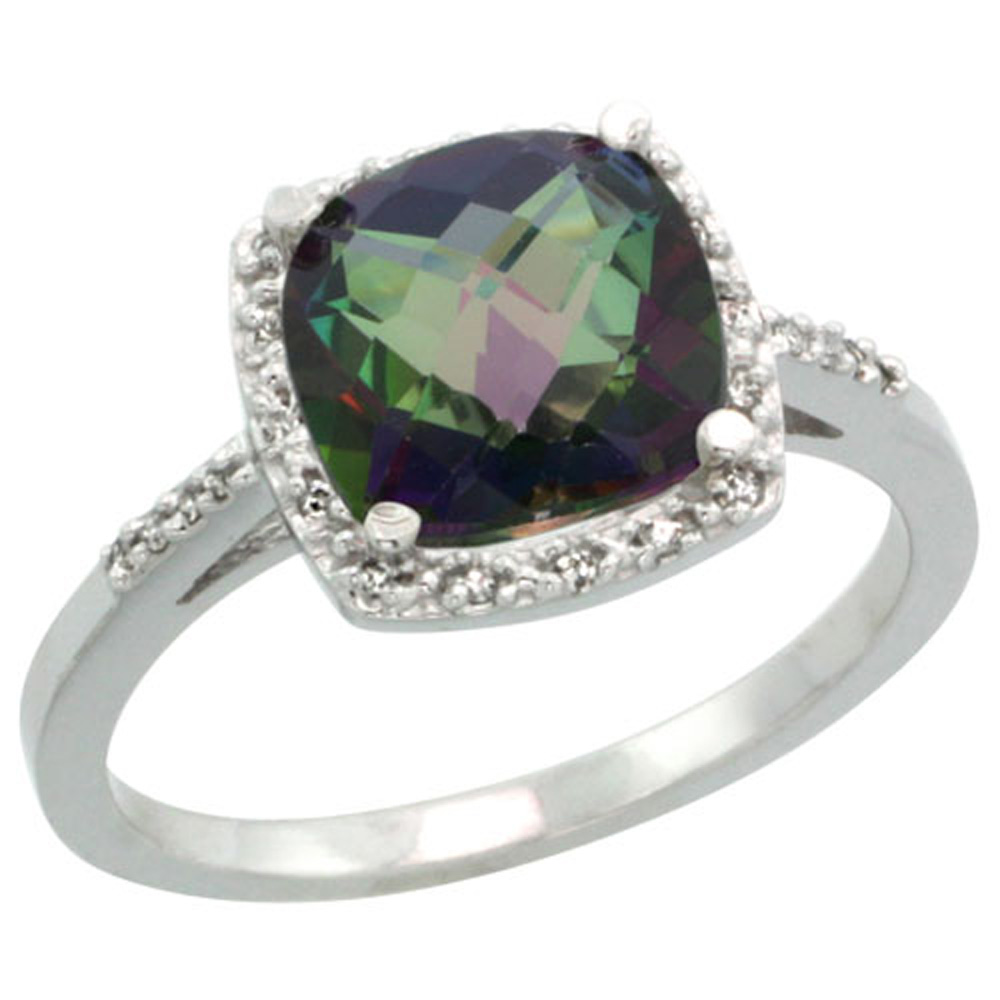 Sterling Silver Diamond Mystic Topaz Ring Cushion-cut 8x8mm, 1/2 inch wide, sizes 5-10