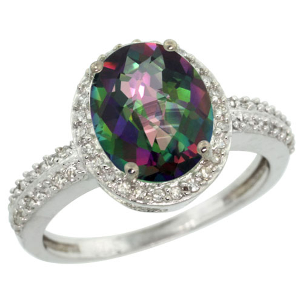 Sterling Silver Diamond Mystic Topaz Ring Oval 10x8mm, 1/2 inch wide, sizes 5-10