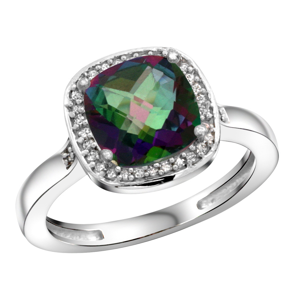 Sterling Silver Diamond Mystic Topaz Ring Cushion-cut 8x8mm, 1/2 inch wide, sizes 5-10