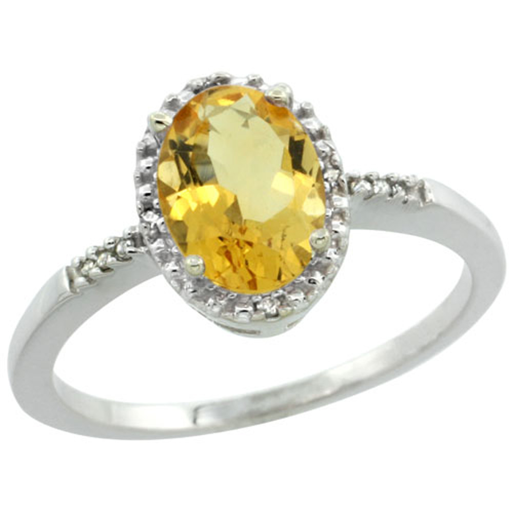 Sterling Silver Diamond Natural Citrine Ring Oval 8x6mm, 3/8 inch wide, sizes 5-10
