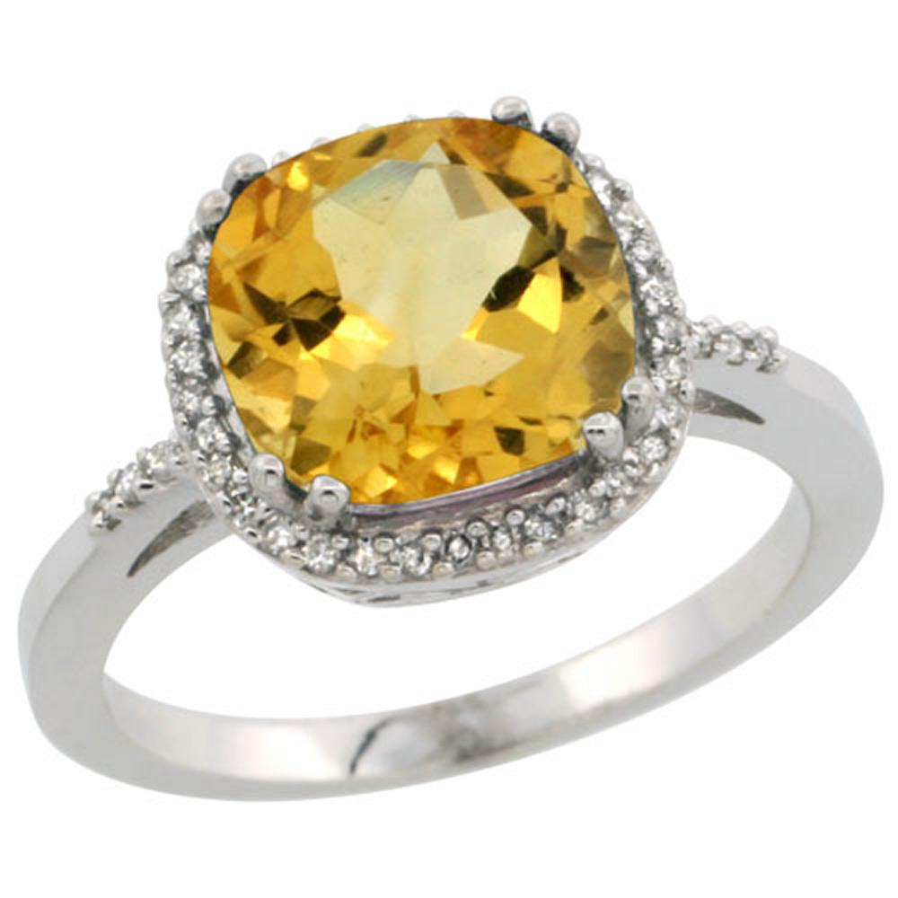 Sterling Silver Diamond Natural Citrine Ring Cushion-cut 9x9mm, 1/2 inch wide, sizes 5-10