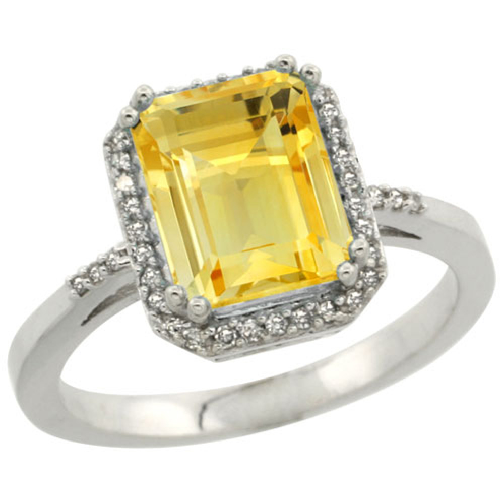 Sterling Silver Diamond Natural Citrine Ring Emerald-cut 9x7mm, 1/2 inch wide, sizes 5-10
